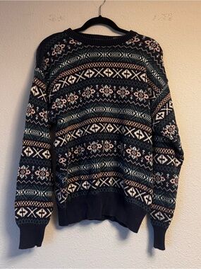 Vintage Men's Patterned Crewneck Sweater - Black & Green